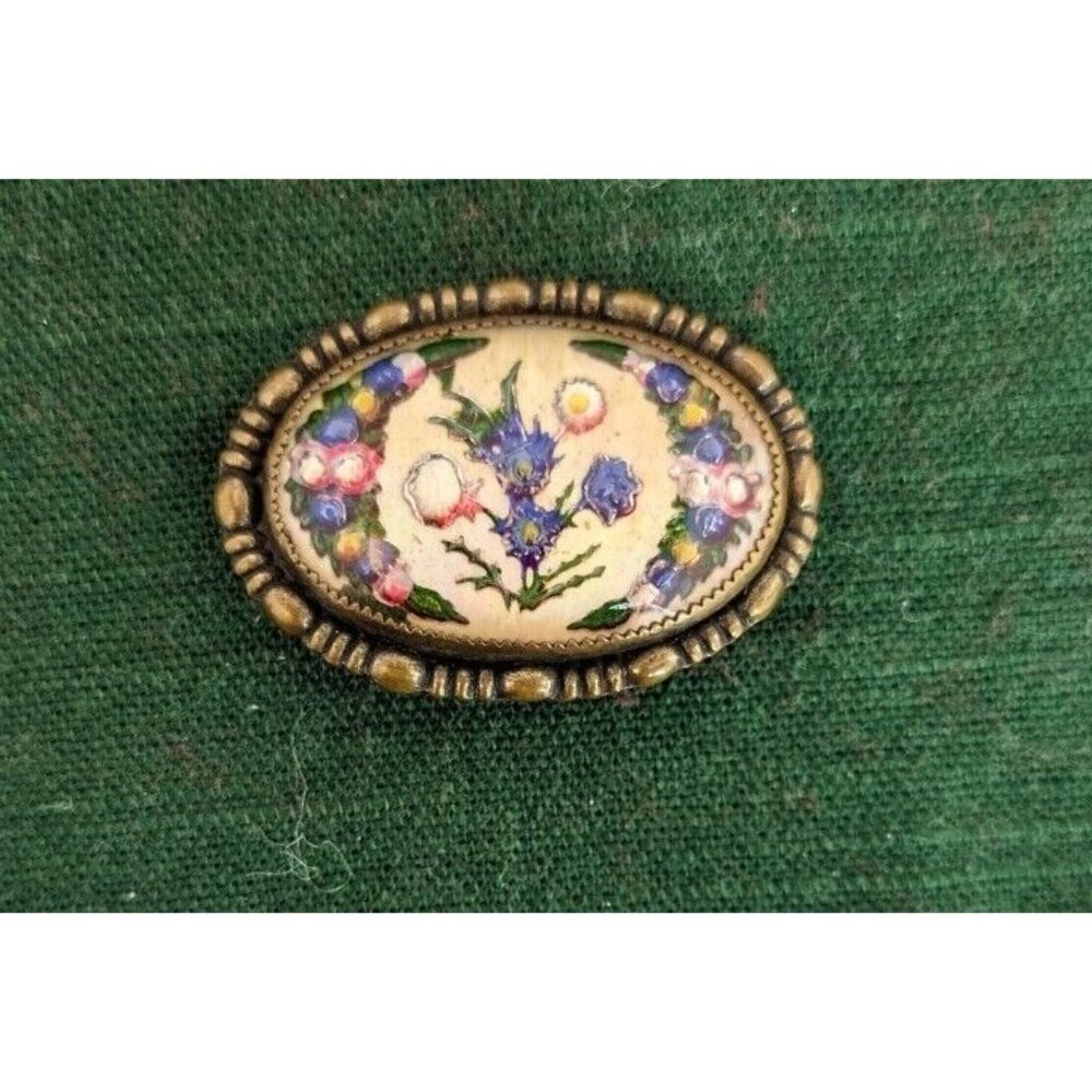 Vintage Goofus Glass Pin‎ Brooch Reverse Painted Convex Flower Bouquet Pink